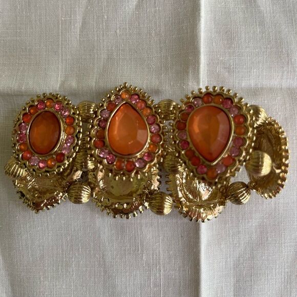 Bracelet, pink and orange stones with gold tone framing, double elastic - Picture 3 of 5